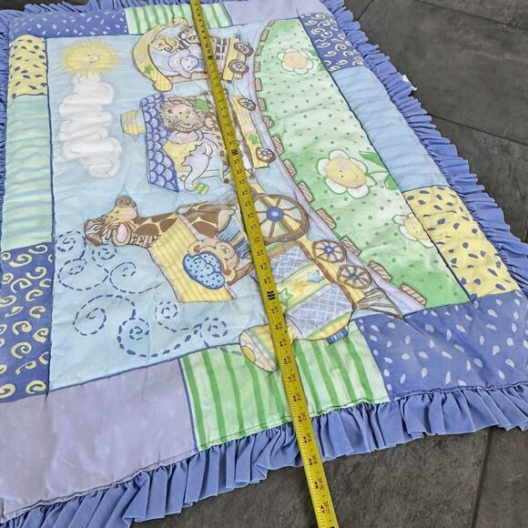 Baby Express Quilt Blanket Blue Ruffle Patchwork Animals Train Nursery Decor - Picture 11 of 11